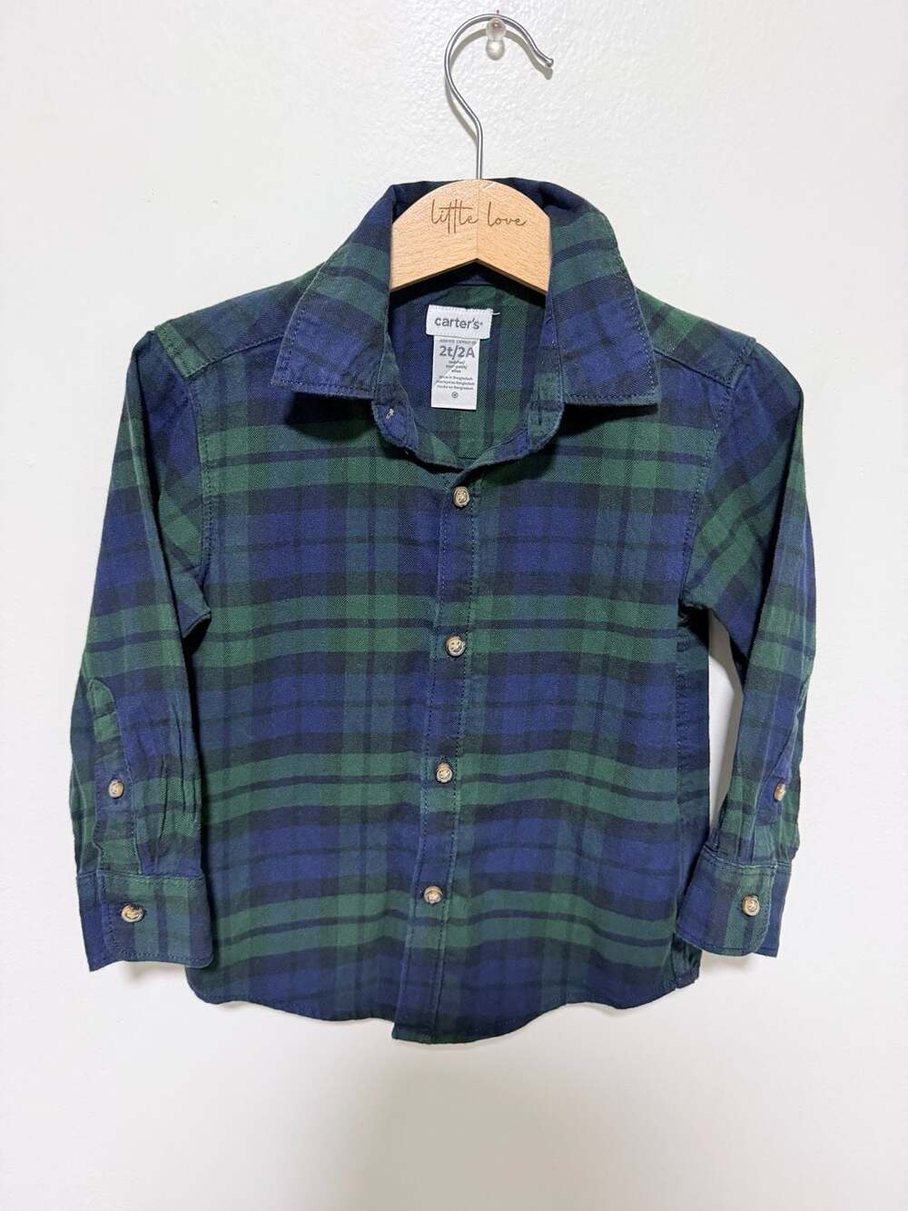 Carter's Plaid Button-Down Shirt Size 2t/2A Green Blue Cotton